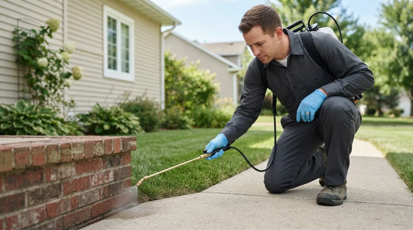 Pest control technician treating a home near Port Matilda, PA